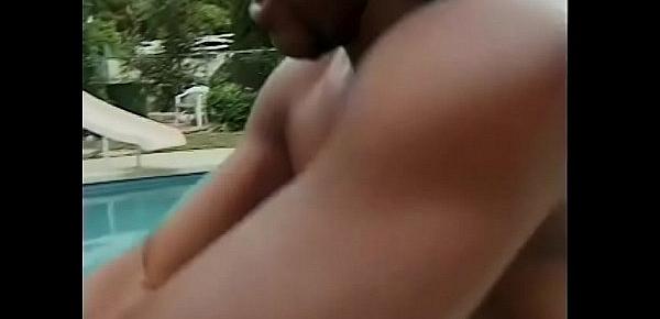  Horny black couple has sex in 69 position on a deck chair by the pool